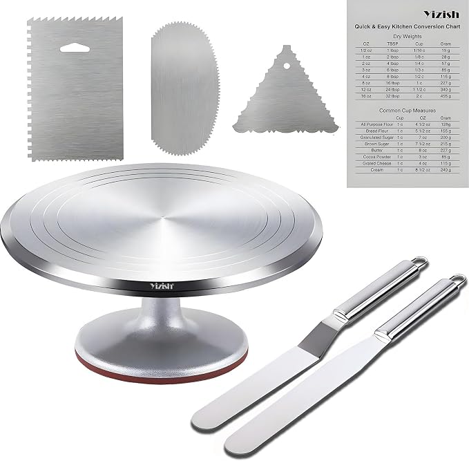 Yizish Cake Turntable Aluminum Alloy, 12 Inch Rotating Cake Stand Decorating Kits with Stainless Steel Icing Spatula (2pcs) and Icing Smoother (3pcs) for Baking, Pastries and Cupcakes by Yizish
