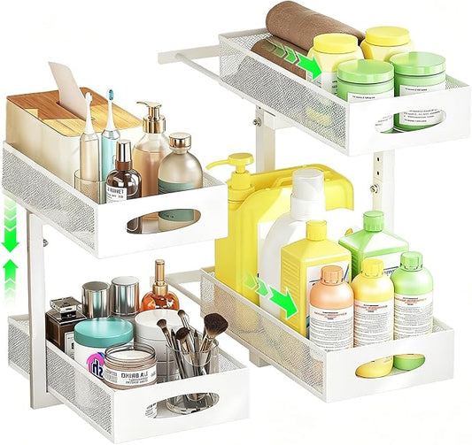 2-Pack Under Sink Organizer, 2-Tier Pull Out Cabinet Storage, White | Rustproof Carbon Steel, Mesh Sliding Drawers, 5-Level Height Adjustable to Bypass Pipes, for Kitchen, Bathroom, Laundry by WROBTLD