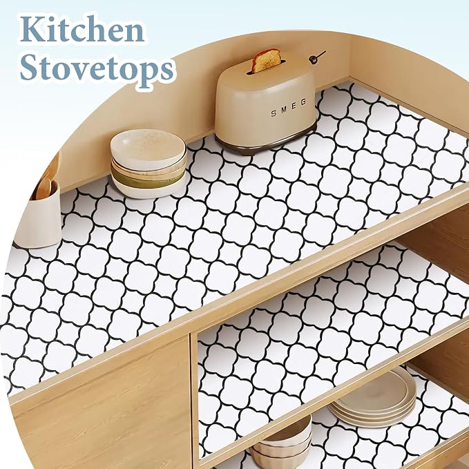 Shelf Drawer Liners for Kitchen Cabinets 12 in X 20 Ft Drawer Liner | Non Adhesive Thickened Refrigerator Liner Black Quatrefoil Strong Non-Slip Paper for Tool Box with Knife and Tape Measure - Image 3