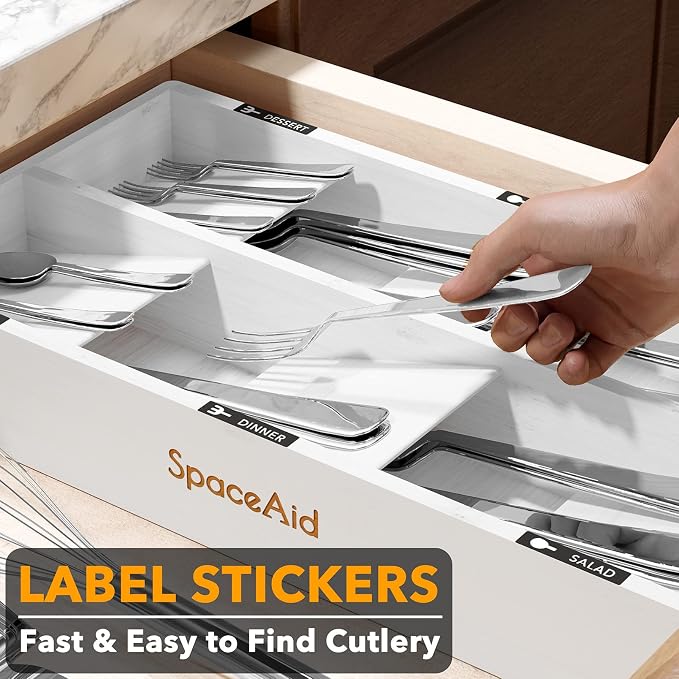SpaceAid Bamboo Silverware Drawer Organizer with Labels, Kitchen Utensil Tray Holder Organizer for Flatware, Cutlery, Spoon and Knives Drawer Storage Organization (White, 6 Slots) - Image 5