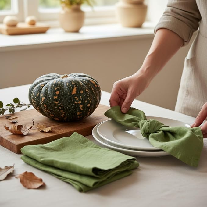 Linen Napkins –100% French Flax – Stonewashed Pure Linen Cloth Napkins - Size 18 Inch x 18 Inch – Set of 4 (Pepper Green) - Image 3