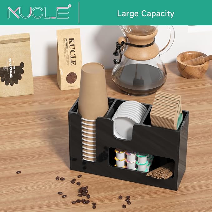 2-Tier Coffee Station Organizer for Countertop, 4 Compartments Black Acrylic Cup and Lid Holder Tea Condiment Storage Upright Coffee Bar Organizer Pod Dispenser for Office Breakroom Home Kitchen - Image 7