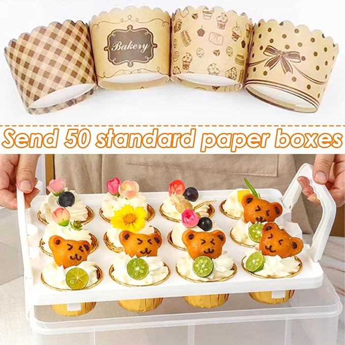 Cupcake Carrier Stackable Storage Container Collapsible Cake Carrier with Lid and Handle, with 50 PCS Cupcake liners,Reusable Plastic Dessert Travel Container,Transport Box (24 Cupcakes White) - Image 7