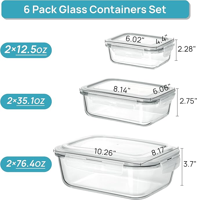 Vtopmart 2.26L/76oz Extra Large Glass Food Storage Containers with Lids, 6 pack Meal Prep Container Set, Airtight Lunch Boxes with Snap Locking Lids for Microwave, Oven, Freezer, Dishwasher | Meal Prep Container Set, Airtight Lunch Boxes with Snap Lock... - Image 2