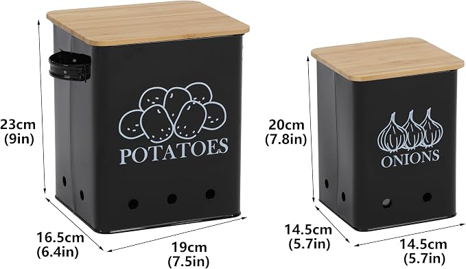 Kitchen Vegetable Storage Tins Set of 2, Onion and Potato Storage Bins with Wooden Lid and Aerating Holes, Garlic Bin Caddy, Vintage Kitchen Decor, Black - Image 3