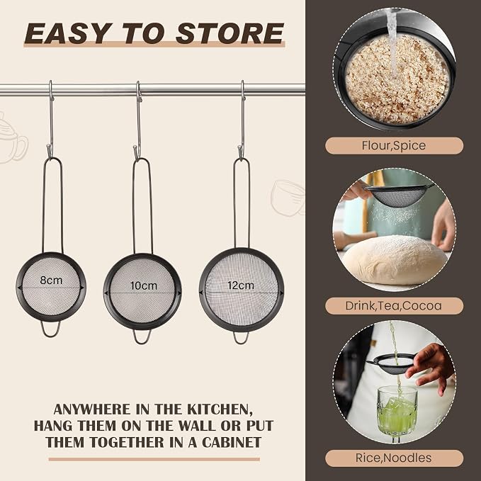 Norme 4 Quart Stainless Steel Black Colander and 3 Pcs Black Fine Mesh Strainer, Stainless Steel Pasta Rice Food Metal Strainer with Handles, Easy Clean and Dishwasher Safe - Image 4