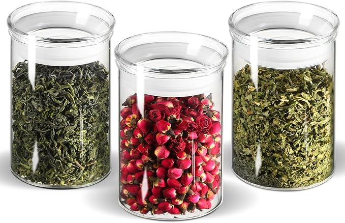 ZENS 15oz Airtight Glass Jars Set of 3, Small Food Container Spice Jars | Thick Borosilicate Clear Glass Kitchen Canisters with Airtight Lids for Herbs, Loose Tea Storage Jars by ZENSLIFESTYLE