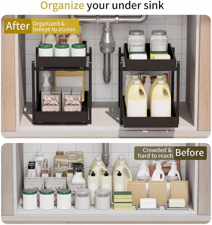 Bamboo Under Sink Organizer 2 Tier Pull Out Cabinet Storage Drawer - Image 3