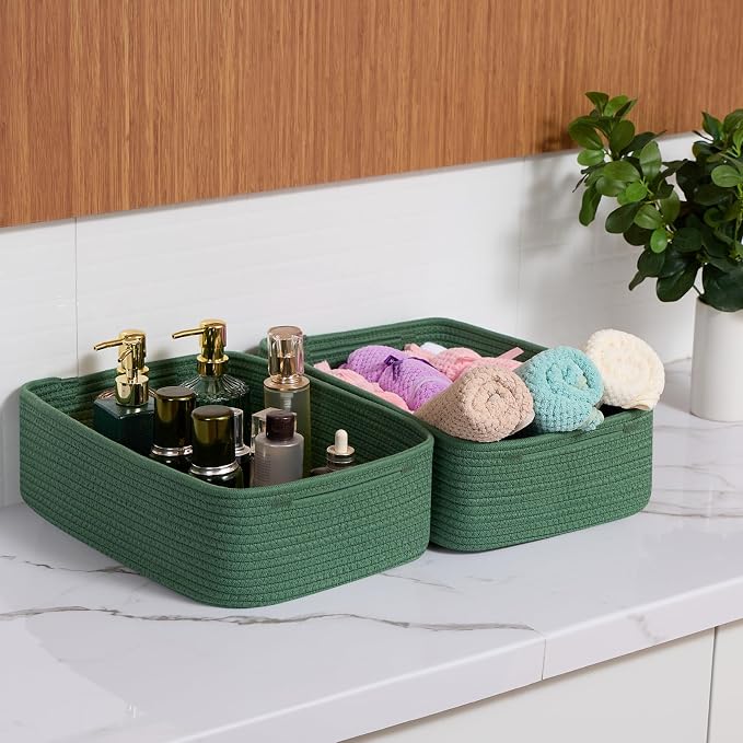 MiniArk Large Shallow Organizing Baskets 15x11x5.1 Inches - Rope Woven Storage Bins for Bathroom, Shelves, Cube Closet, Green 2 Packs - Image 6