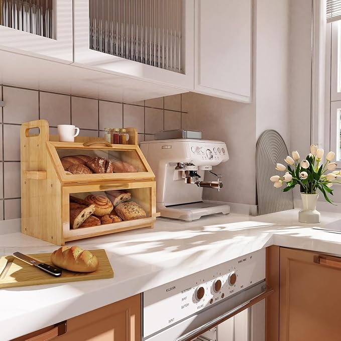 BAMBANG Bread Box for Kitchen Countertop, Extra Large Double Layer Bamboo Breadbox with Clear Window, Farmhouse Wooden Bread Storage Container for Homemade Bread, Knife & Cutting Board Holder, Natural - Image 6