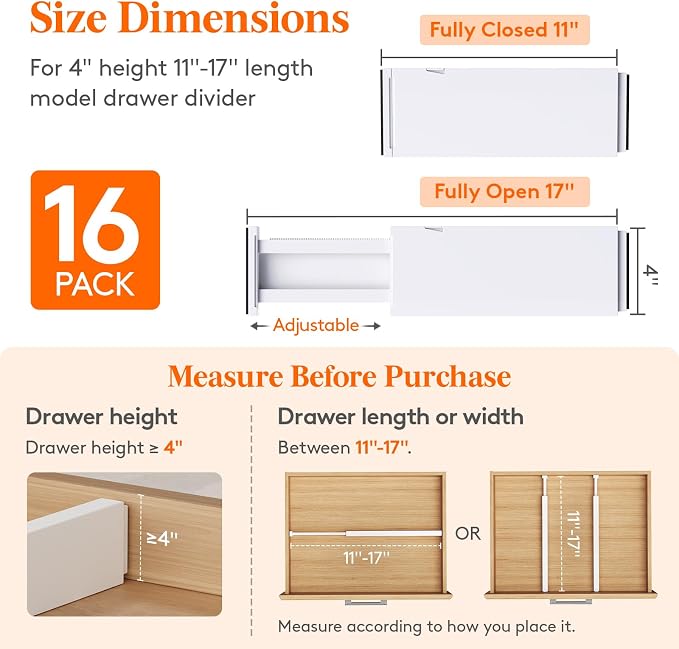 Lifewit 16 Pack Upgrade Drawer Dividers for Clothes, 4" High 11-17" Adjustable Dresser Drawer Organizers, Expandable White Plastic Drawer Separators for Kitchen, Nursery, Office Organization & Storage | 16 Pack 11-17" Expandable White Plastic Drawer Se... - Image 2