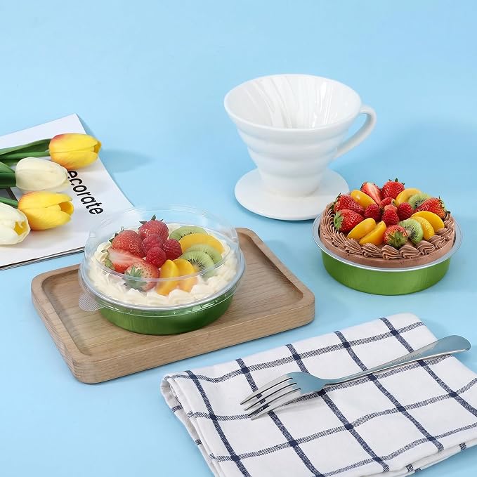 Beasea Mini Disposable Cupcake Pans with Lids, 100 Pack 7.3oz Aluminum Foil Baking Cups Tart Pie Tins, Small Round Tart Containers for Individual Dessert Muffin Cheesecake Quiche - Avocado Green - Image 6