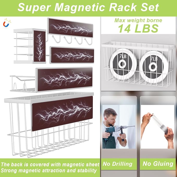 Magnetic Spice Rack for Refrigerator, 7 Pack Magnetic Fridge Shelf for Kitchen Organization Storage, Moveable Spice Organizer W/Paper Towel Holder, Utensil Caddy, Cutting Board Rack (White) - Image 3