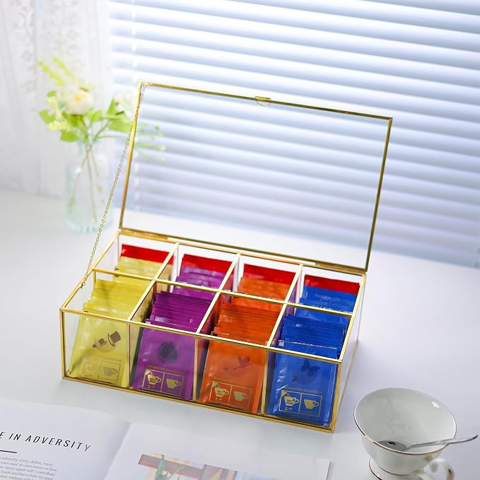 REDHUGO Glass Tea Bag Organizer, 8-Compartment Tea Storage Box, Gold | Handmade glass tea bag box with lid and 8 compartments, keeps tea bags tidy for counters, kitchens and tea stations - Image 4