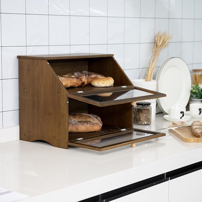HOMEKOKO Double Layer Bread Box, Wooden Bread Storage Bin, Brown | Keeps Bread Fresh 3-4 Days, Large Capacity Fits 2+ Loaves, Suitable For Home Kitchen Food Storage Use, See-Through Window - Image 2