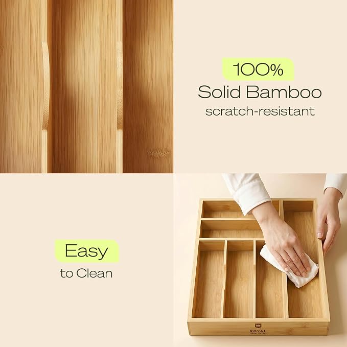 Drawer Organizer with Knife Block for Kitchen Organization, Bamboo Silverware Drawer Organizer, Compact Bamboo Cutlery Tray for Flatware and Utensils, Removable 7-Slot Knife Block for Kitchen Drawers - Image 6