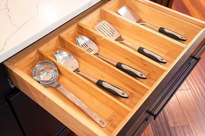 Bamboo Kitchen Utensils Organizer, 13 Inch Drawer Dividers for Silverware, Extra Deep Holder, with Non-Slip Feet, Wood Caddy for Flatware Cutlery - Image 6