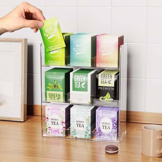 Acrylic Tea Bag Organizer, 3 Layers Tea Bag Holder for Tea Packets, No Assembly Required, Wall Mount Display Tea Caddy for Countertop or Cabinet, 9 Slots, Clear - Image 3