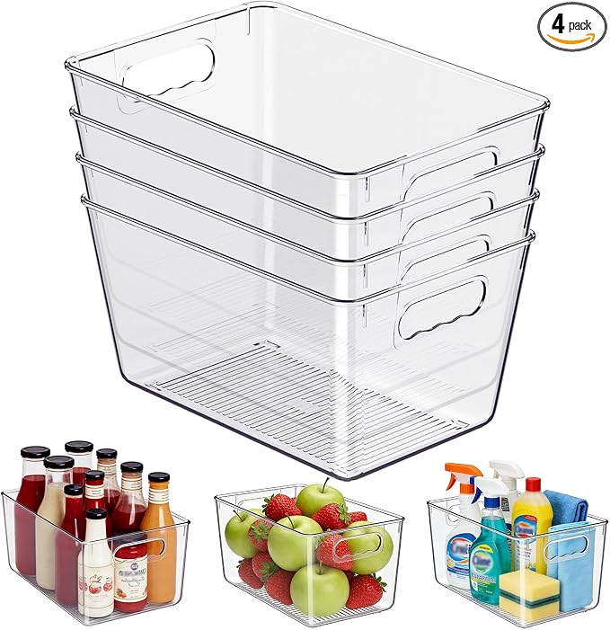 Clear Fridge Organizer Bins with Handles, 4 Pack Large 11.5×7.5×6 Inch | Clear pantry food storage bins with handles, ideal for kitchen, countertops, cabinets, fridge and freezer by KJIXYUNG