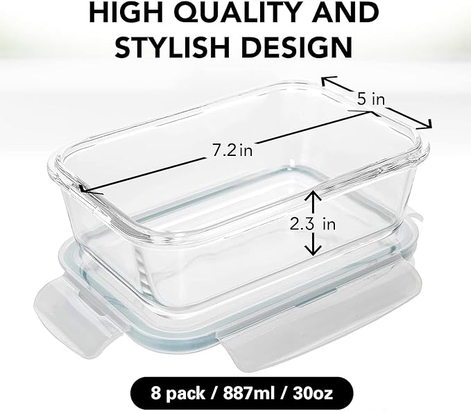 Razab 16 Pc (Set of 8) 30 Oz Glass Meal Prep Containers with Lids, Airtight Large Glass Food Storage Containers, Reusable Leak Proof BPA Free, Freezer to Oven and Dishwasher Safe - Image 4