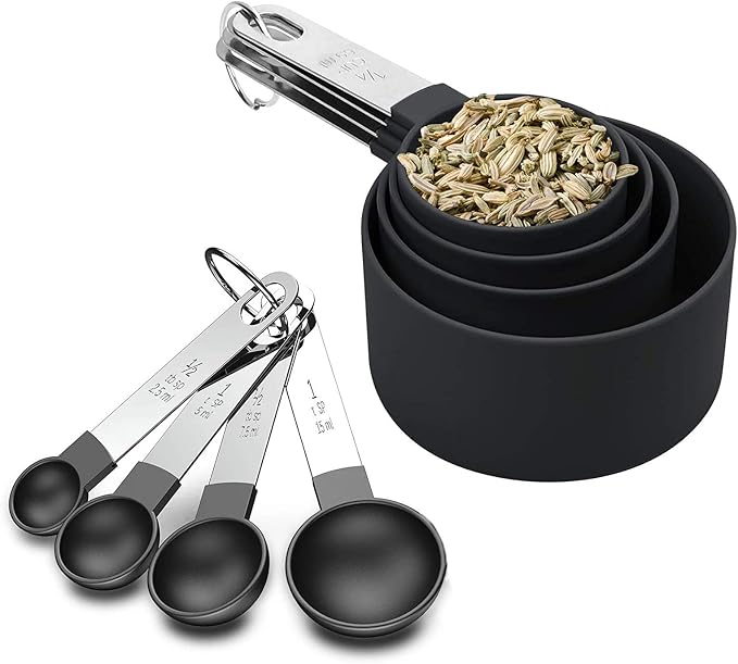 8-Piece Measuring Cup and Spoon Set, Plastic Measuring Cup and Spoon with Stainless Steel Handle, for Liquids and Solids, for Cooking Kitchen (Black) by yiyicas