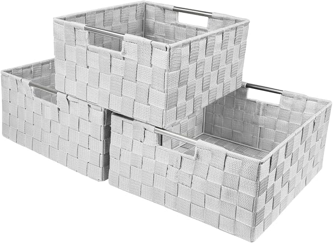 Sorbus Storage Box Woven Basket Bin Container Tote Cube Organizer Set Stackable Storage Basket Woven Strap Shelf Organizer Built-In Carry Handles (White) by Sorbus