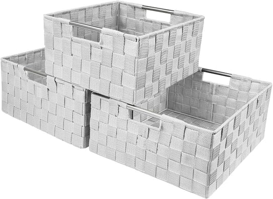 Sorbus Storage Box Woven Basket Bin Container Tote Cube Organizer Set Stackable Storage Basket Woven Strap Shelf Organizer Built-In Carry Handles (White) by Sorbus