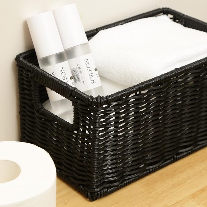 HOONEX Wicker Baskets for Storage, Plastic Baskets for Organizing with Dual Handles, Woven Baskets for Storage, Set of 2, Black - Image 7