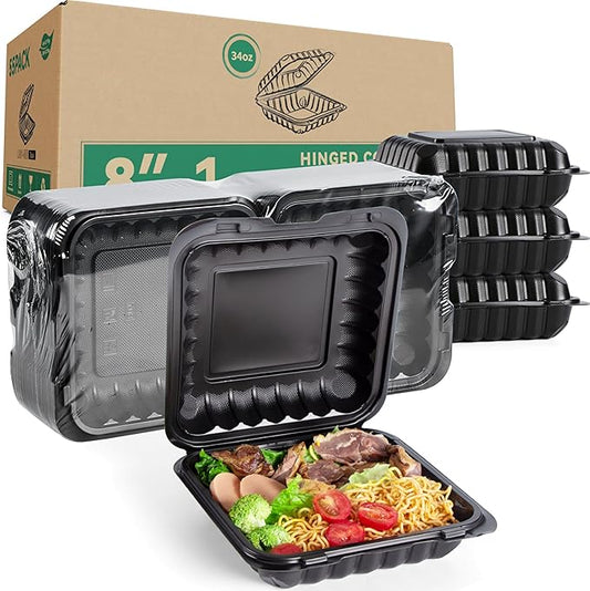 8 Inch 34oz 55-Pack Black To Go Boxes - Shrink Wrapped No Pre-Wash | BPA Free Sturdy Reusable & Elegant | Microwave Safe for Hot Meals, Leftovers & Events | Disposable Takeout Food Containers by LEOBOX