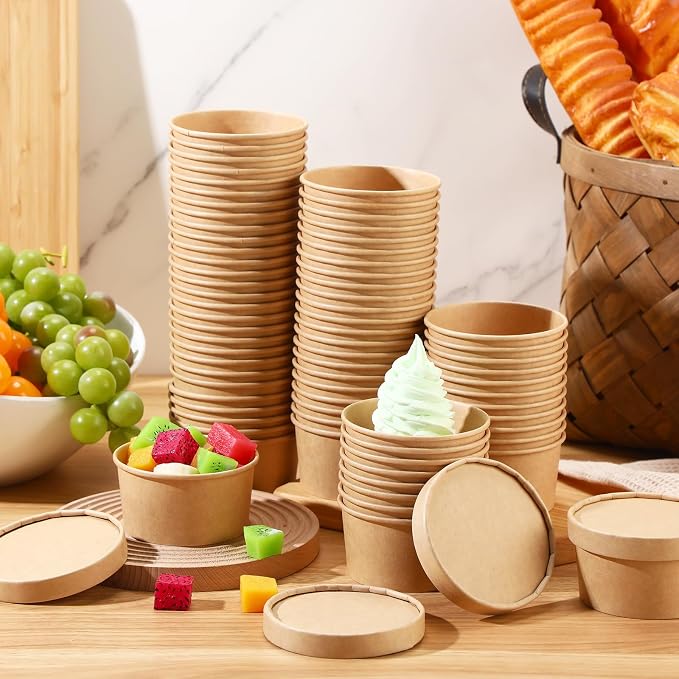 Fulmoon 100 Pack Paper Soup Containers with Lids Disposable Paper Food Containers with Vented Lid Kraft Ice Cream Cake Dessert Cups Soup Bowl for Party Hot Food Fruit Microwave(4 oz,Brown) - Image 4