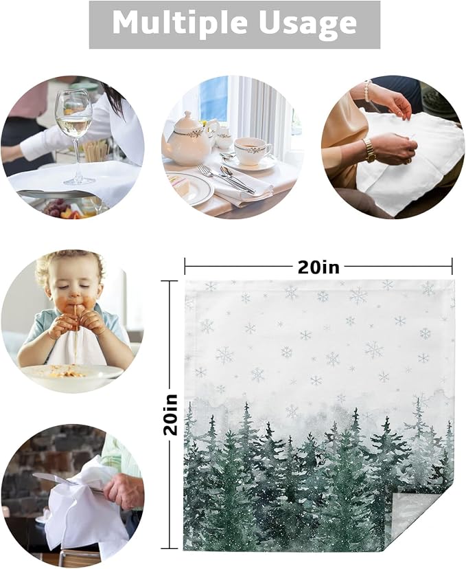 Christmas Cloth Napkins Set of 4, Watercolor Green Xmas Tree Winter Snowflake Dinner Napkins Cloth Washable, Cocktail Napkins Reusable for Wedding, Party, Birthday (20"x20") - Image 5