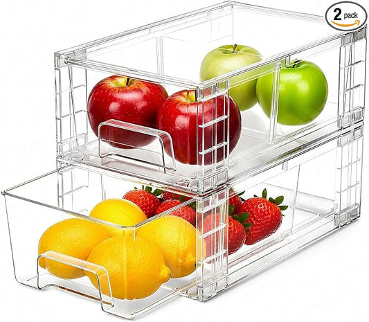 2 Pack Stackable Storage Drawers,Plastic Organizers Bins, Drawers Storage with Handles and Movable Dividers for Organization and Storage in Fridge,Bathroom, Pantry, Kitchen Cabinets, Under Sink by Unknown