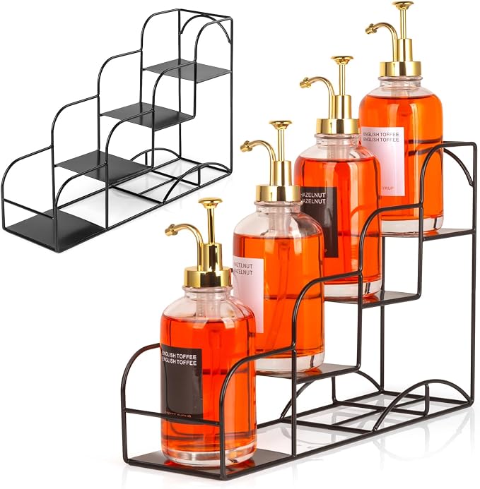 Syrup Rack for Coffee Bar Accessories, Iron 4 Compartment Bottle Organizer, Countertop Display Storage Shelf Bottle Stand, Metal Coffee Bar Organizer for Wine, Kitchen, Holds 4 Bottles by kimilus