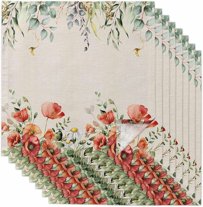 Eucalyptus Poppies Dinner Napkins Cloth Set of 8, Premium Polyester Napkins 20 x 20 Inch, Country Rustic Botanical Flower Plant Washable and Reusable Table Napkins for Wedding Cocktail Hotel by AMZRicher