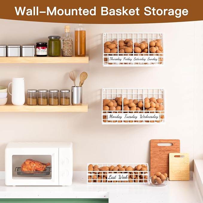 Egg Basket, Stackable Wall Mount Egg Holder Countertop with Weekday Labels | Rustproof carbon steel basket with adjustable dividers, ideal for backyard poultry, small kitchen & pantry storage, 1T White - Image 2