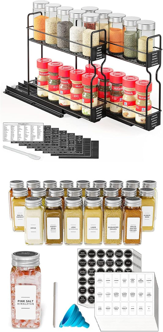 SpaceAid Pull Out Spice Rack Organizer for Cabinet, 2 Drawers 2-Tier, 24 Pcs Spice Jars with Labels by SpaceAid