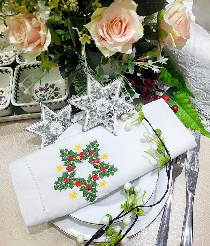 Embroidered Cloth Napkin Holly Star Christmas Cotton Napkins Set of 6, 20 x 20 Hemstitch Table Napkins, Machine Washable, Daily & Holidays, Great Gift Ideas - Image 2