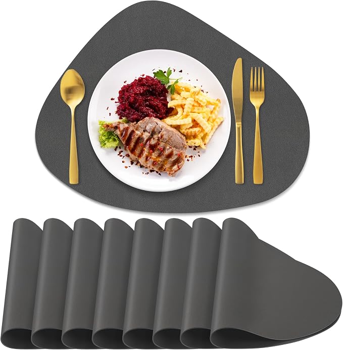 Faux Leather Placemats Set of 8, Wipeable & Washable Table Mats | Waterproof, Heat-Resistant & Easy to Clean Round Place Mats for Dining & Kitchen, 17''x13'', Dark Grey by Delicateandelegantplacemats