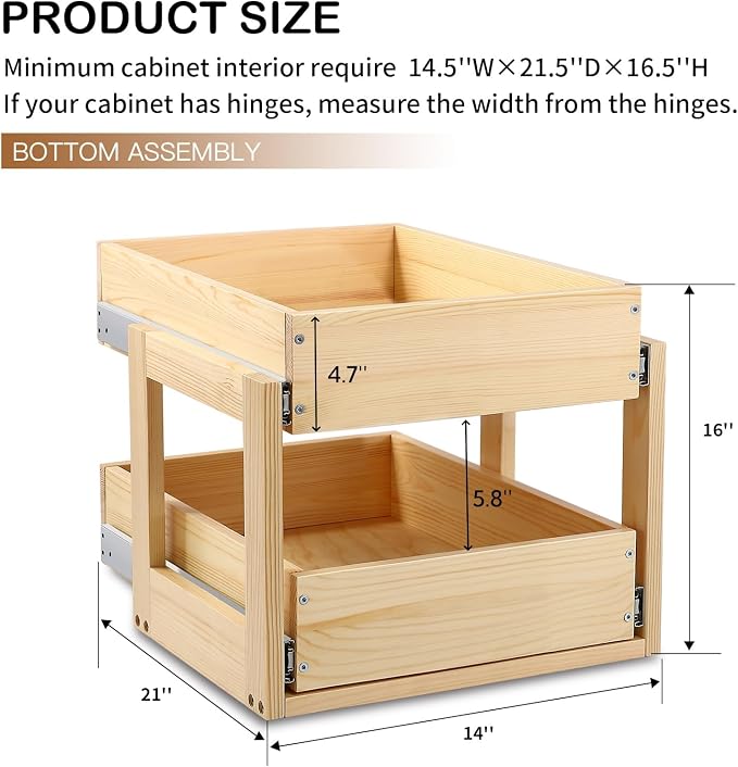 Pull Out Cabinet Organizer, 14''W×21''D×16''H Soft Close Slide Out Wood Drawer Shelves Storage for Kitchen, 2-Tier, Finished, Heavy-Duty, Bottom Assembly - Image 3