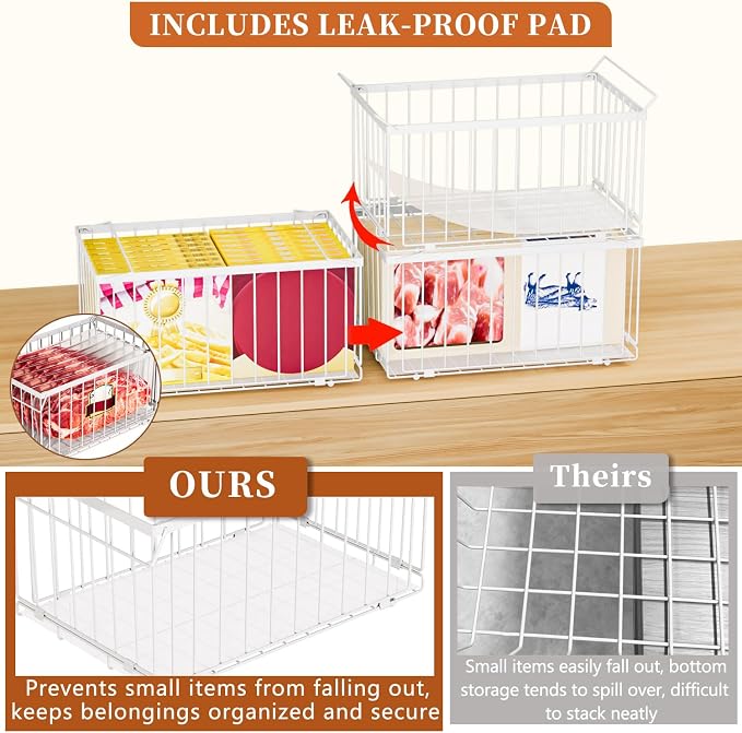 Large Freezer Organizer Bins for 5 to 9 Cu.Ft,Quick Expand/Collapse,4PACK | Freezer Organizer Bins, Stackable,foldable,With handle Wire Storage Container Baskets for Sort Frozen Meats,Leak-Proof Liner - Image 4