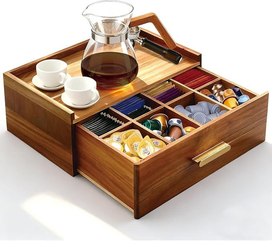 Thick&Thin Acacia Wood Tea Bag Organizer, Tea Organizers and Storage Box With Removable Divider Drawer, Tea Bag Holder Station Caddy Container for Countertop, Tea Accessories Gift Box (1Pcs) by ThickAndThin