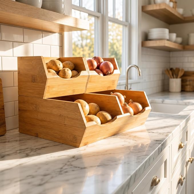 Bamboo Pantry Storage Bins Set of 3, Stackable Desktop Organizer | Ideal for kitchen counters, pantry shelves, dining rooms, coffee bars, offices and utility rooms. - Image 2