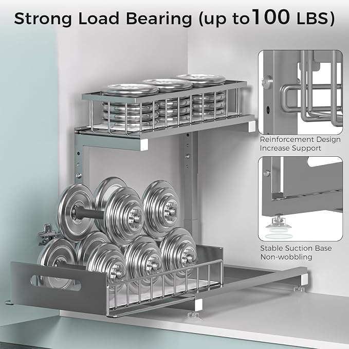 L-Shaped Under Sink Organizer, 2-Tier Pull-out Cabinet Rack 1-Pack | Grey Height-Adjustable Metal Rack, Sliding Grid Drawers with Safety Stopper, Holds 100 Lbs, Ideal Kitchen Cabinet Storage - Image 5