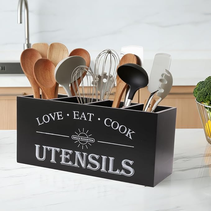 2 PC Wooden Utensil Holder,（With 4-Compartments size*1 + 3-Compartments size*1） Extra Large Kitchen Counter,Cooking Spatula Organizer,Farmhouse Decor, Rustic Cooking Utensil - Image 7