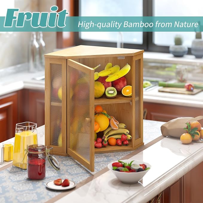 Corner Bread Box, Large Bamboo Bread Box for Kitchen Countertop, 2 Tier Wooden Bread Storage (Natural, Large) - Image 7