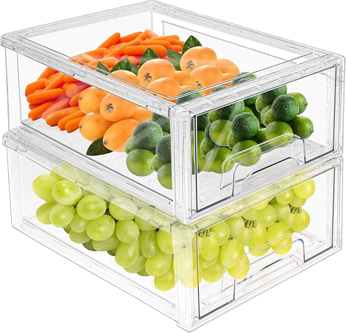 MANO 2Pack Clear Fridge Drawers Pull Out Stackable Refrigerator Drawer Organizer Bins Pantry Storage Box Plastic Food Containers for Kitchen Bathroom Office Closet (2pack Large) by MANO