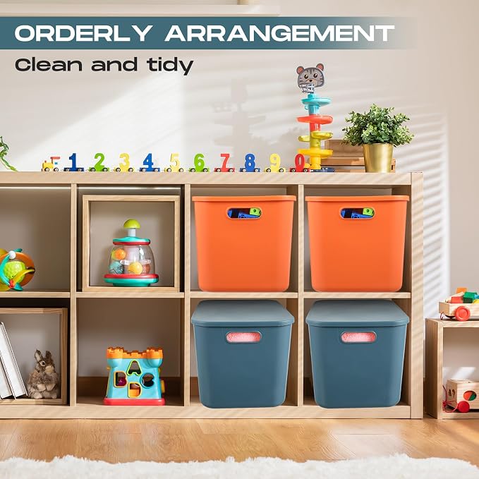 8 Pieces Colorful Storage Bins with Lid, Plastic Storage Basket Organizing Container Stackable Box with Handle for Shelves Desktop Playroom Office(14.2 x 10.2 x 9.5 Inch,Blue and Orange) - Image 5