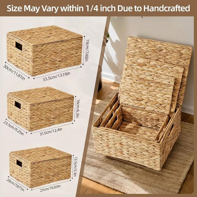 Wicker Storage Baskets with Lids,Multi-size 3 Pack Natural Water Hyacinth Wicker Nesting Baskets,Decorative Storage Ratten Boxes for Organizing,Storage,and Gifts - Image 3