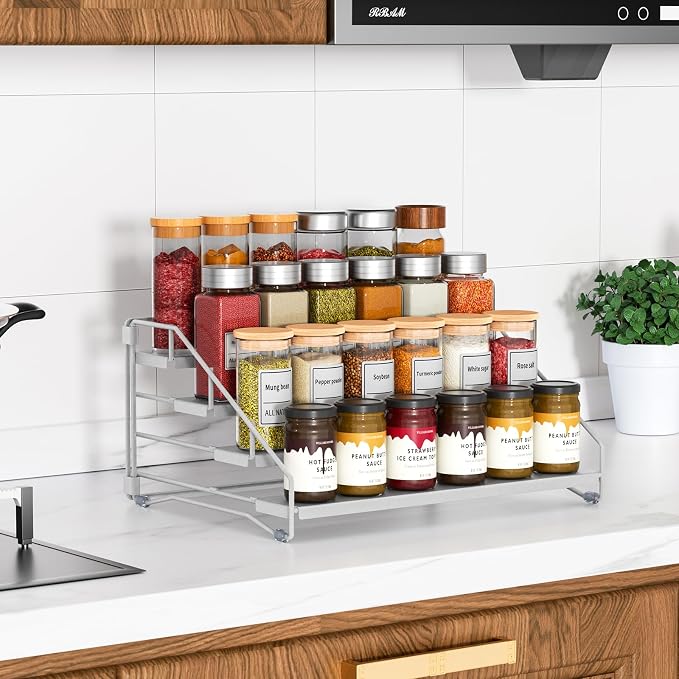 Spice Rack Organizer for Cabinet, Depth Adjustable 4 Tier Spice Rack,1 Pack | Silver, Metal Spice Organization for Cabinet, Easy Visibility, Tiered Spice Rack Perfect for Cabinet, Pantry and Countertop - Image 8