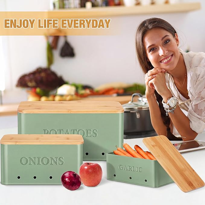 Honeydak 3 PCS Sage Green Potato Onion Garlic Storage Bins Set, Metal Vegetable Keeper Containers with Lids Aerating Holes for Kitchen Counter Pantry Keep Fresh Longer Farmhouse for Sweet-potato Fruit - Image 6